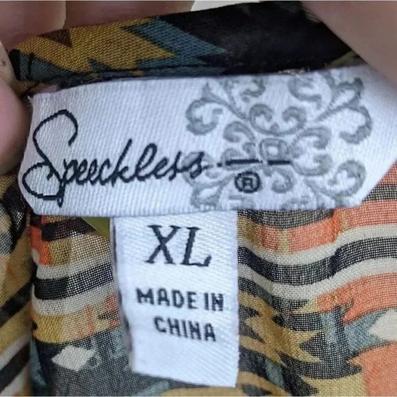 Speechless XL Aztec Tribal Geometric Design Sheer V Neck 3/4 Sleeve Blouse - Picture 8 of 10